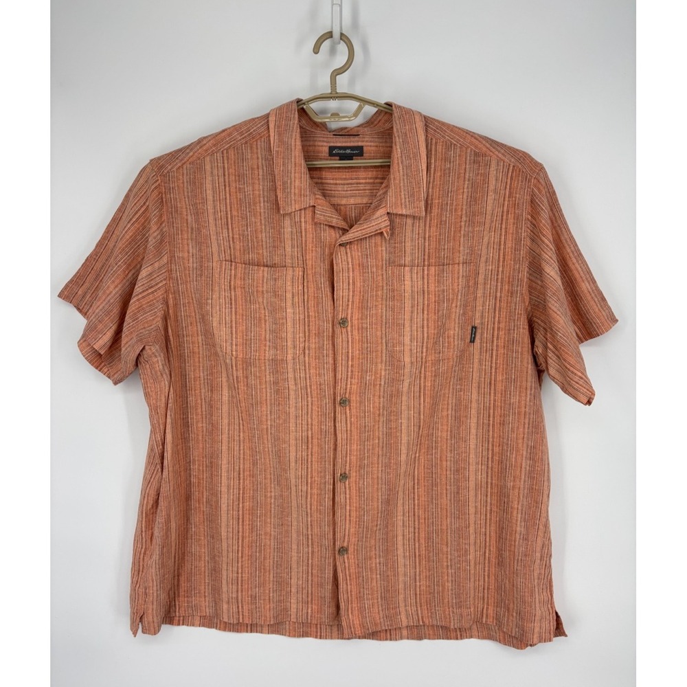 Eddie Bauer Shirt Mens 2XL Orange Striped Hemp Blend Button Up Short Sleeve
